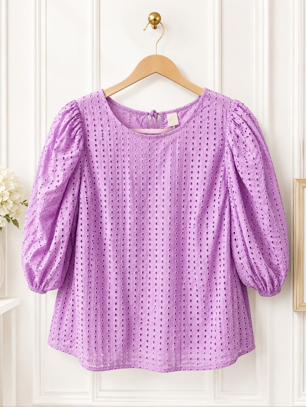 A New Day | Size Large Lavender Eyelet Cotton Puff Sleeve Lined Blouse - Picture 4 of 8
